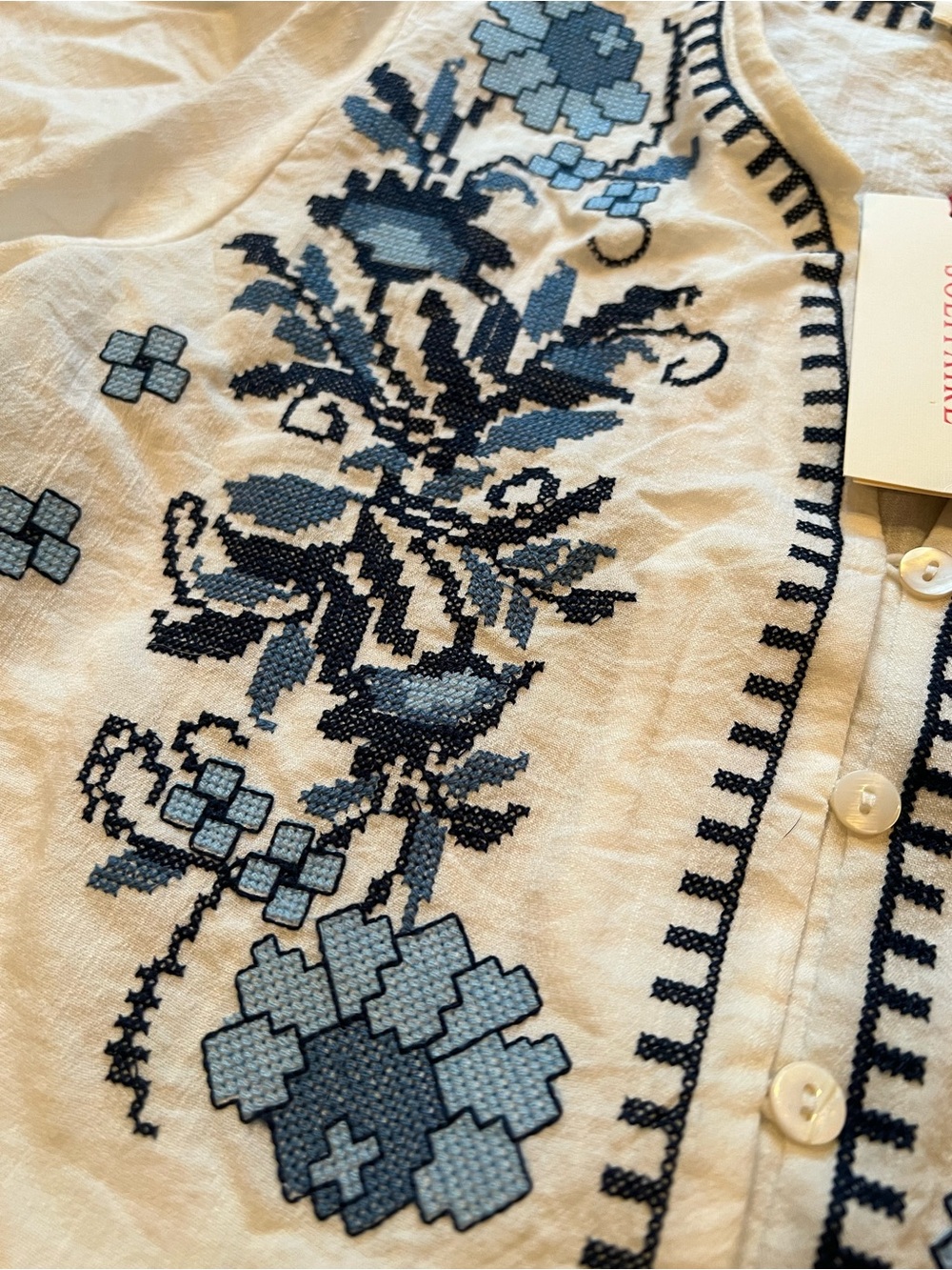SOLITAIRE White Peplum Top with Blue Floral Embroidery - Picture 6 of 10